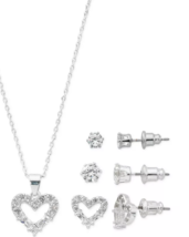 Macys Fine Silver Plate Cubic Zirconia Heart Necklace and Stud Earrings - £23.59 GBP