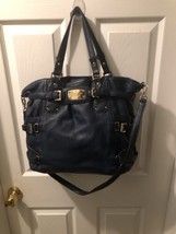 Michael Kors Large Handbag Navy Blue Leather Bright Brass Sign Plate Han... - $56.09