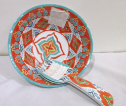 3pc Boho Living Orange Aqua Melamine Large Salad Bowl With Serving Spoon... - $34.64