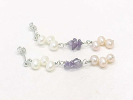 AMETHYST with Peaches and Cream PEARLS Dangling EARRINGS in Sterling Sil... - £35.77 GBP