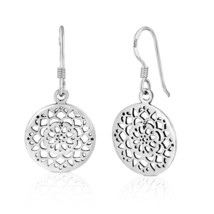 Intricately Elegant Mandala Round Sterling Silver Fishhook Dangle Earrings - £9.51 GBP