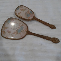 Antique Vanity Hand Mirror and Brush Set Gold Tone Brass Metal with Pink... - $59.95