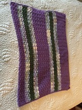 Hand Made Crocheted Lap Afghan 35" X 45" Purple Grey White Green. Cuddle Strolle - $13.71 CAD