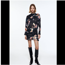 Zara The Camila Dress Black Size S Floral Mini Long Sleeve Satin All Ove... - £35.20 GBP