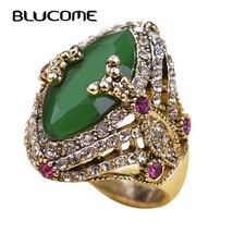 Blucome Vintage Turkish Jewelry Big Size Green Ring Resin Wedding Rings Turco Rh - £11.40 GBP