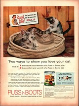 1958 Puss N&#39; Boots Cat Food kitten Laying on Cat Bed Vintage Print Ad a6 - £19.27 GBP