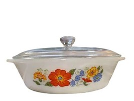 Vintage Glasbake 1 Qt Oval Casserole Dish  &amp; Lid. White With Floral Desi... - £19.69 GBP