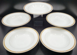 5 Ralph Lauren China Harness Large Rim Soup Bowls Set Gold Bands White Dish Lot - £140.53 GBP