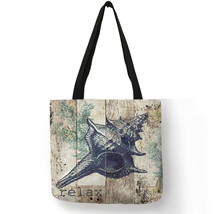 B13059 Eco Shopping Bag Retro Marine Life Seahorse Shell Print Shoulder Bag for  - £13.71 GBP