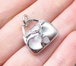 925 Silver - Inlay Mother of Pearl &amp; CZ Heart Lady Purse Charm Pendant - PT1654 - £20.02 GBP