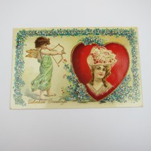 Postcard Greeting Valentine Antique Lady Hat Cupid Arrow Red Heart Blue Flowers - £8.05 GBP