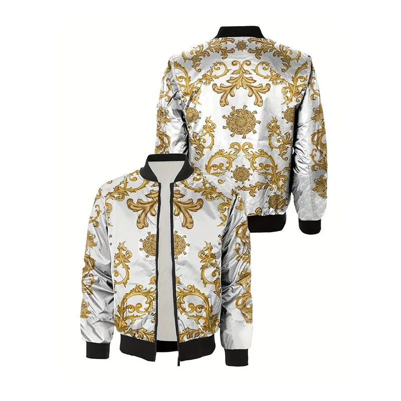 UnisexLuxury Bomber Jacket Men Women 3D Printed Gold Graphic Floral Jackets - $902.30 MXN