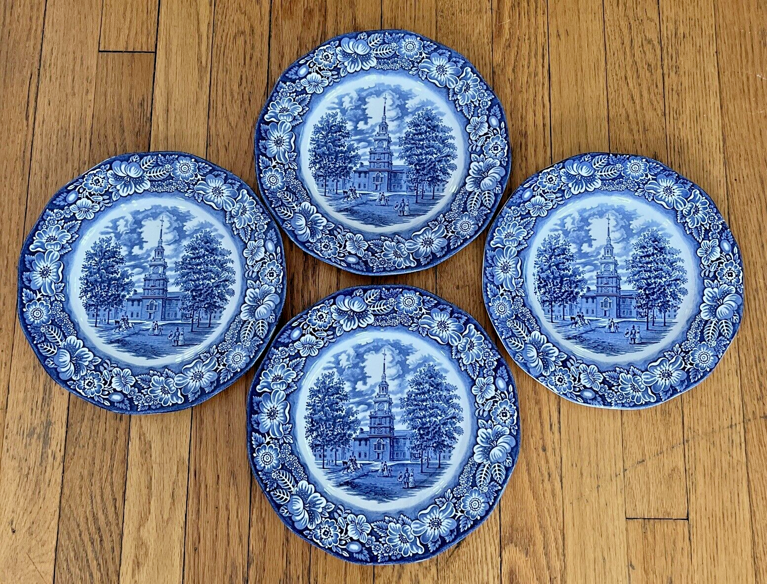 Primary image for (4) Liberty Blue 10” Dinner Plates Independence Hall Staffordshire UK Ironstone