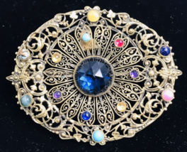 VTG Antique Gold 10K Filigree Oval Victorian Brooch Pin w/ Rhinestones S... - $51.26