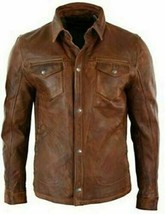 Real Lambskin Brown Men&#39;s Leather Shirt Handmade Stylish Casual Biker Motorcycle - £84.89 GBP+