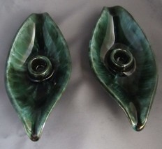 Vtg Blue Mountain Pottery BMP Genie Leaf Taper Green Drip Candle Stick Holders - £13.34 GBP