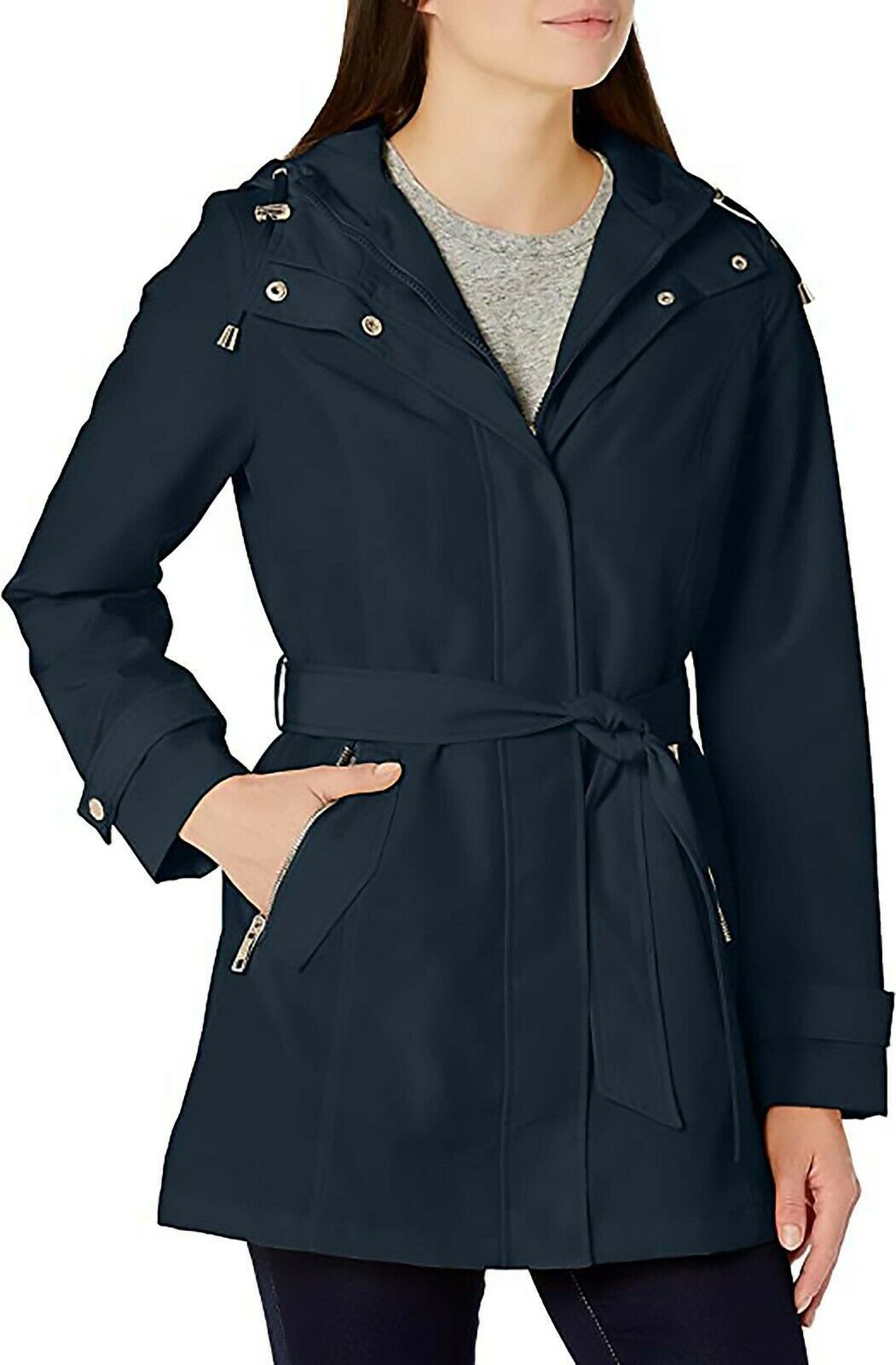 Authentic Nautica Women&#39;s Hooded Raincoat with Belt Jacket, Navy Seas, X... - $71.27