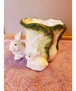 Ceramic Small Planter White Easter Bunny Rabbits Cabbage Leaves 4&quot; x 5&quot; FS - £20.39 GBP