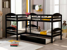 Twin L-Shaped Bunk Bed with Trundle-Espresso - £709.58 GBP