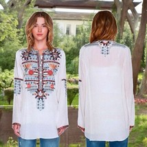 $298 NWT Johnny Was Embroidered 100% Silk Top Large Bold Embroidery Long... - £124.57 GBP