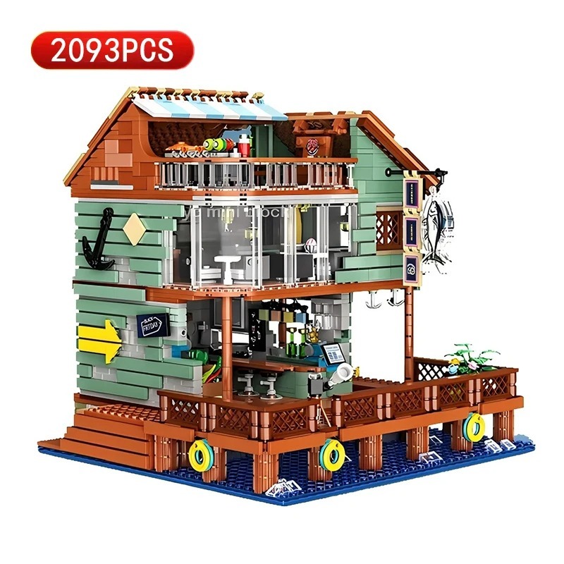 Fishing Village Log Cabin Building Blocks Harbour Restaurant Model Toy B... - $121.99
