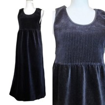 Black Velour Ribbed Babydoll Midi Dress VTG 90s Sleeveless Layering Smal... - $48.24