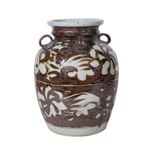 Rustic Brown Four Loop Handle Jar Twisted Flower Motif - Small - £270.35 GBP
