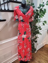 Women&#39;s Red Floral 100% Rayon V-Neck Short Sleeve Casual Long Maxi Dress XL - £22.13 GBP