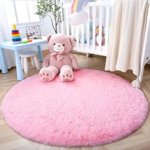 Junovo 4 Ft. Pink Round Fluffy Soft Area Rugs For Kids Girls Room Princess - £26.26 GBP