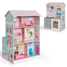 2-In-1 Double Sided Kids Kitchen Playset and Dollhouse with Furniture - Color:  - £132.87 GBP