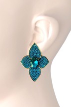 2&quot; Drop Teal Blue Flower Clip On Earring Casual Chic Classy Costume Jewelry - £12.98 GBP