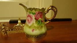 Vintage Lefton China Creamer in Beautiful Green Background Pink Rose Gold Handle - $14.99