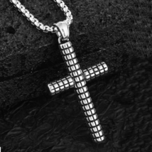 Silver Cross Pendant Christian Catholic Necklace Stainless Steel Chain 24&quot; - £9.48 GBP