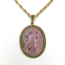 WEST GERMANY pink art glass pendant necklace - vintage 2&quot; oval floral av... - £111.90 GBP