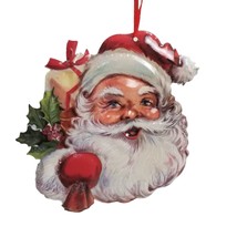 Retro Santa Claus Face Metal Christmas Ornament Holiday Decor Beard Hat Holly - £15.61 GBP