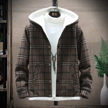Winter fleece fluffy jacket men hooded streetwear harajuku plaid wool coat male thicken thumb200