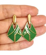 Retro Green Enamel Gold Tone Metal Pierced Dangle Earrings 1.5in - £10.19 GBP