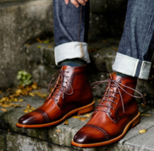 Handmade Men Brown Hand Burnish Oxfords Boot, Brown Lace up Ankle Boots for men - £117.44 GBP+