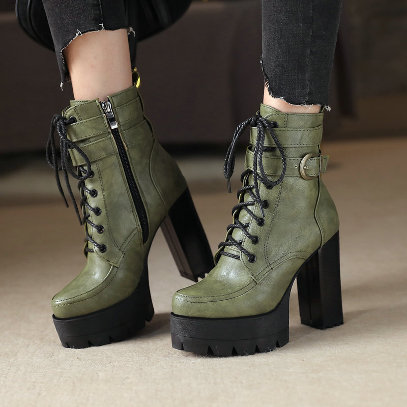 Fashion Platform Women Boots Square High Heel Ankle Boots Lace Up ...