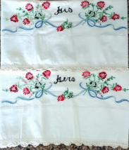 2 Vintage Pillowcase Pillow Cover Sham Embroidered His &amp; Hers - £22.81 GBP
