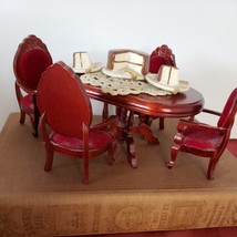 Vintage Dollhouse Mahogany 1:12 Scale Table 4 red Chairs porcelain cake dollies - £25.92 GBP
