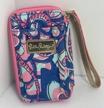 Lilly Pulitzer ID Travel Wristlet Wallet Card  Zip Coin Pink Blue Print ... - £9.53 GBP
