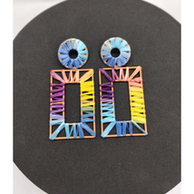 Multicolor Geometric Earrings - Rectangle - Circle - Ribbon Wrapped - Fun Studs - $7.92