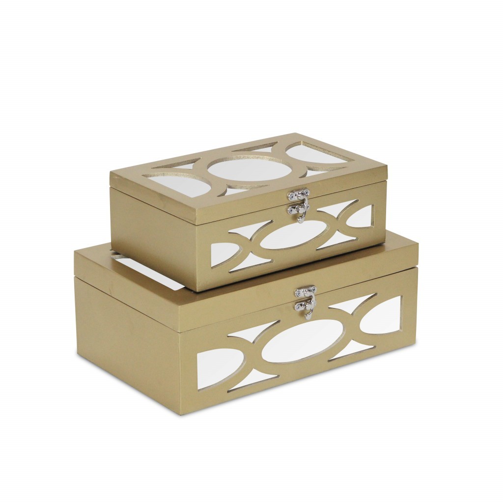 Set of Two Gold Oval Scroll Mirror Jewelry Storage Boxes - $113.19