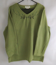 Vintage Bobbie Brooks Ladies Dark Green V-Neck Embroidered Shirt Size Large - £12.20 GBP