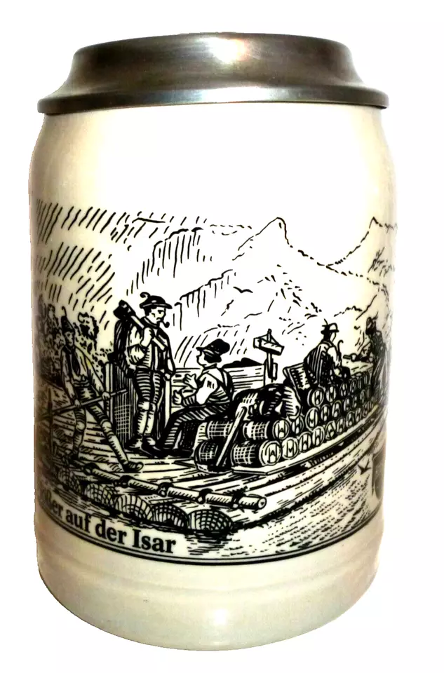 Hohenburg +1994 Isar Flosser Lenggries / Bad Tolz lidded German Beer Stein - $14.50