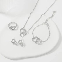 New Silver Hearts Jewelry Set Crystal Necklace Earrings Ring Bracelet 4pc Gift - £10.28 GBP