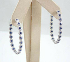 2Ct Round Cut Blue Sapphire Women&#39;s Hoop Clip On Earrings 14K White Gold Finish - £91.87 GBP
