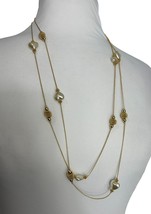 Gold Tone Necklace Faux Heart Shaped Pearls Coiled Beads 60&quot; Long Layering - £11.62 GBP