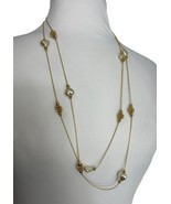 Gold Tone Necklace Faux Heart Shaped Pearls Coiled Beads 60&quot; Long Layering - £11.65 GBP